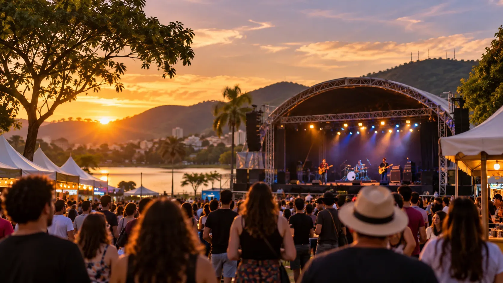 Público diante de palco ao ar livre em um parque ao pôr do sol, com barracas e colinas ao fundo.