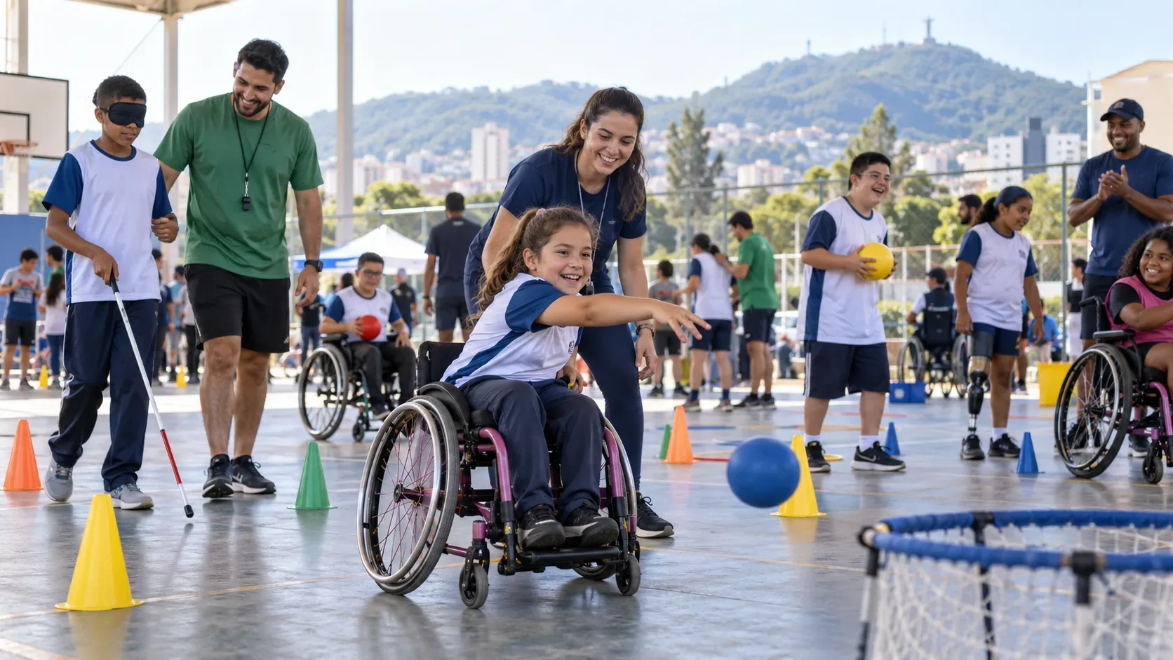 Jovens com e sem deficiência participam de atividades esportivas inclusivas em quadra, com cadeiras de rodas, bola e acompanhamento de monitores.
