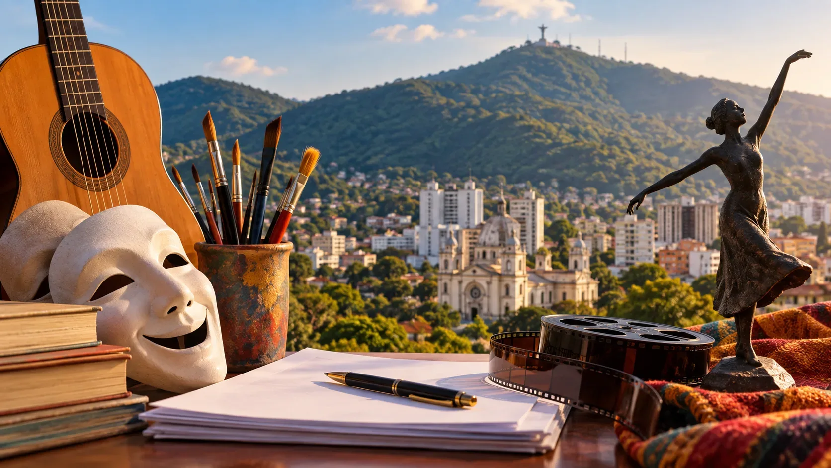 Materiais de produção cultural sobre uma mesa, com violão, máscara teatral, pincéis, livros, folhas, caneta, rolo de filme e escultura de bailarina diante de uma cidade cercada por montanhas verdes.
