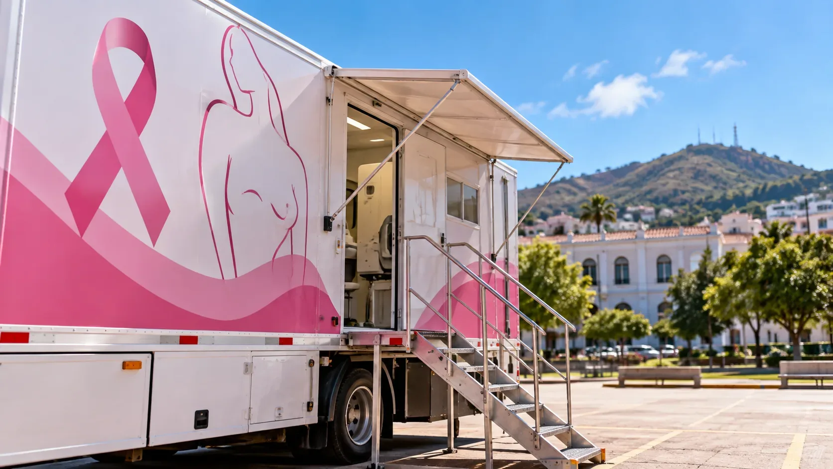 Carreta branca e rosa de mamografia com entrada lateral aberta e escada metálica em área urbana ensolarada, com prédio e morro ao fundo.