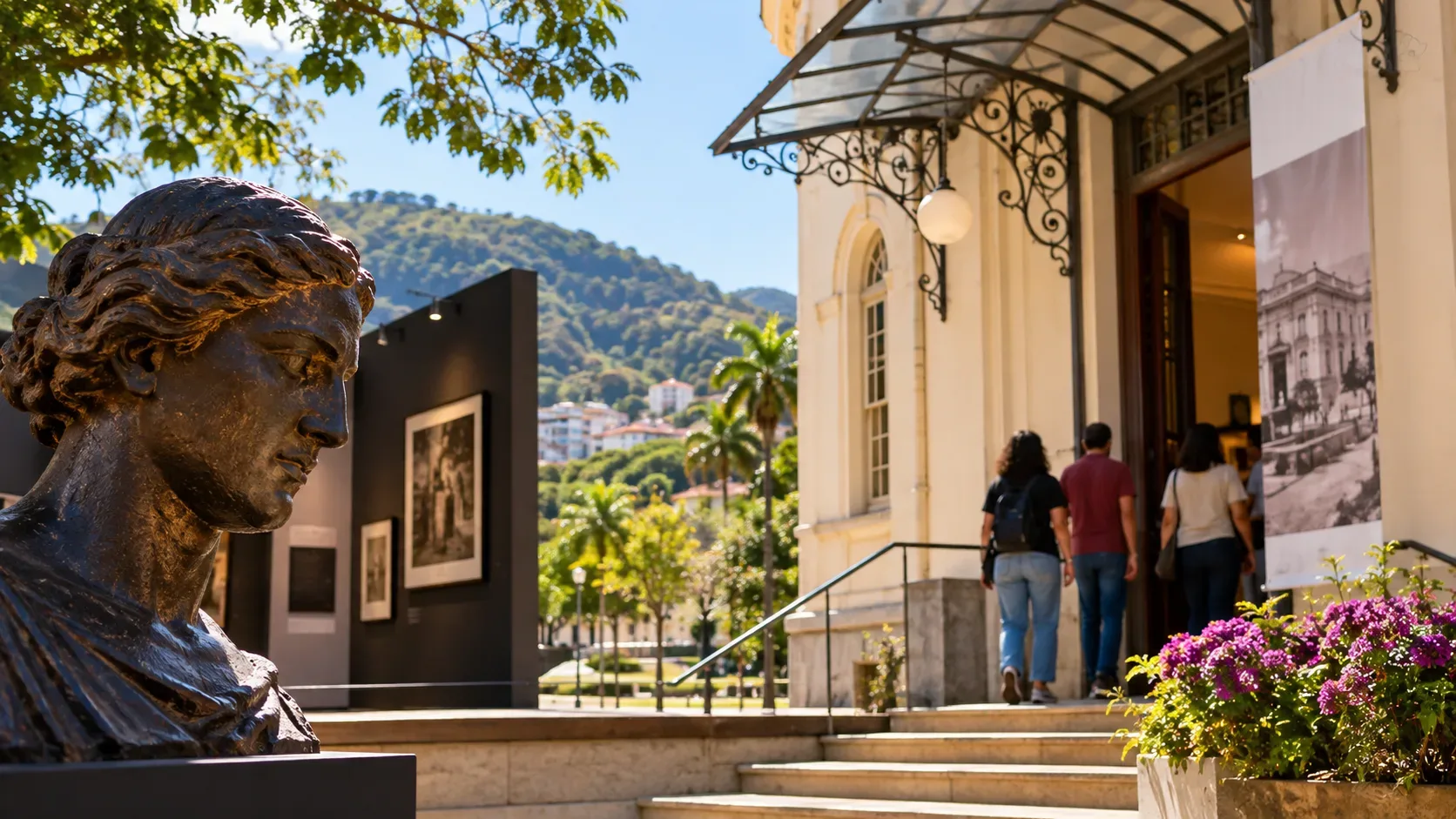Entrada ensolarada de museu com busto de bronze em primeiro plano, painéis de exposição, visitantes entrando e montanhas ao fundo.