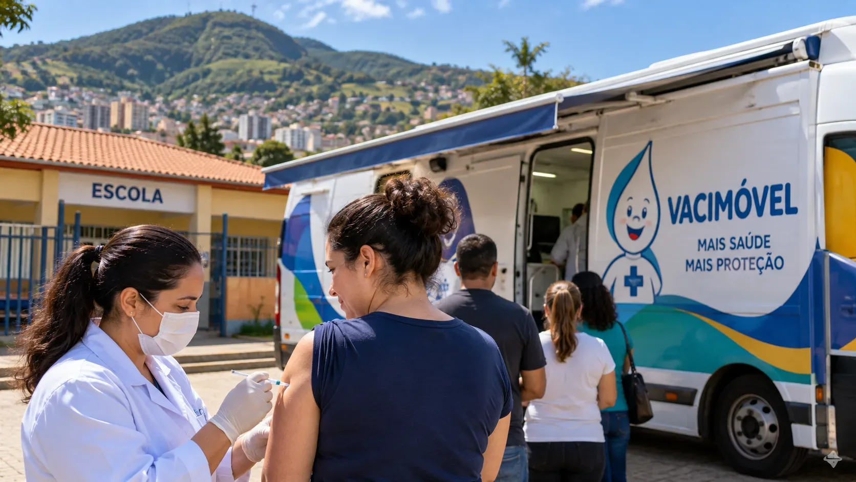 Profissional de saúde aplica vacina em uma servidora ao lado de um Vacimóvel estacionado em frente a uma escola, com morros de Poços de Caldas ao fundo.