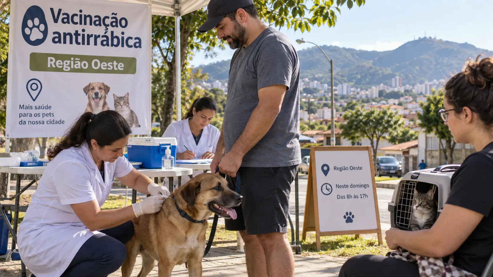 Profissional aplica vacina antirrábica em cachorro em posto ao ar livre, com tutor, gato em caixa de transporte e paisagem urbana ao fundo.