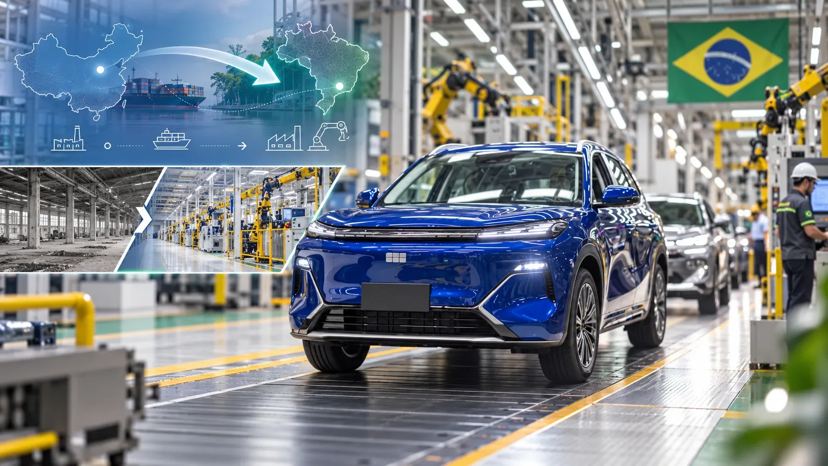 SUV azul em linha de montagem automatizada, com bandeira do Brasil, mapas da China e do Brasil e comparação visual da modernização da fábrica.