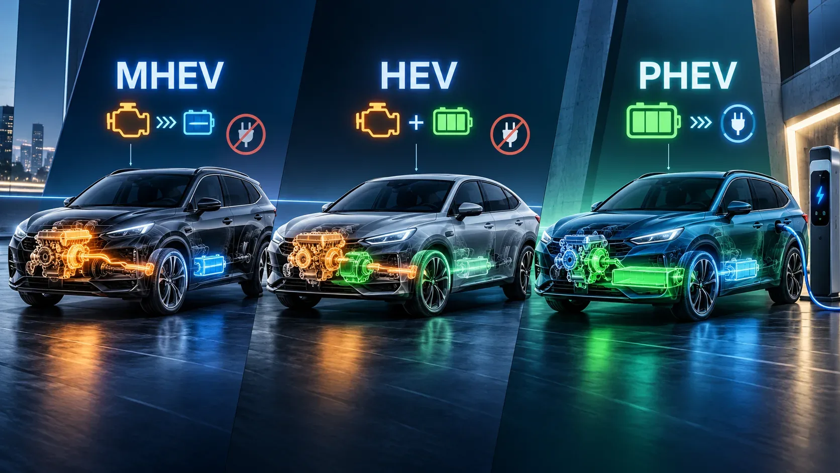 Três carros comparados lado a lado com rótulos MHEV, HEV e PHEV, componentes de motor e bateria destacados e cabo de recarga conectado ao híbrido plug-in.