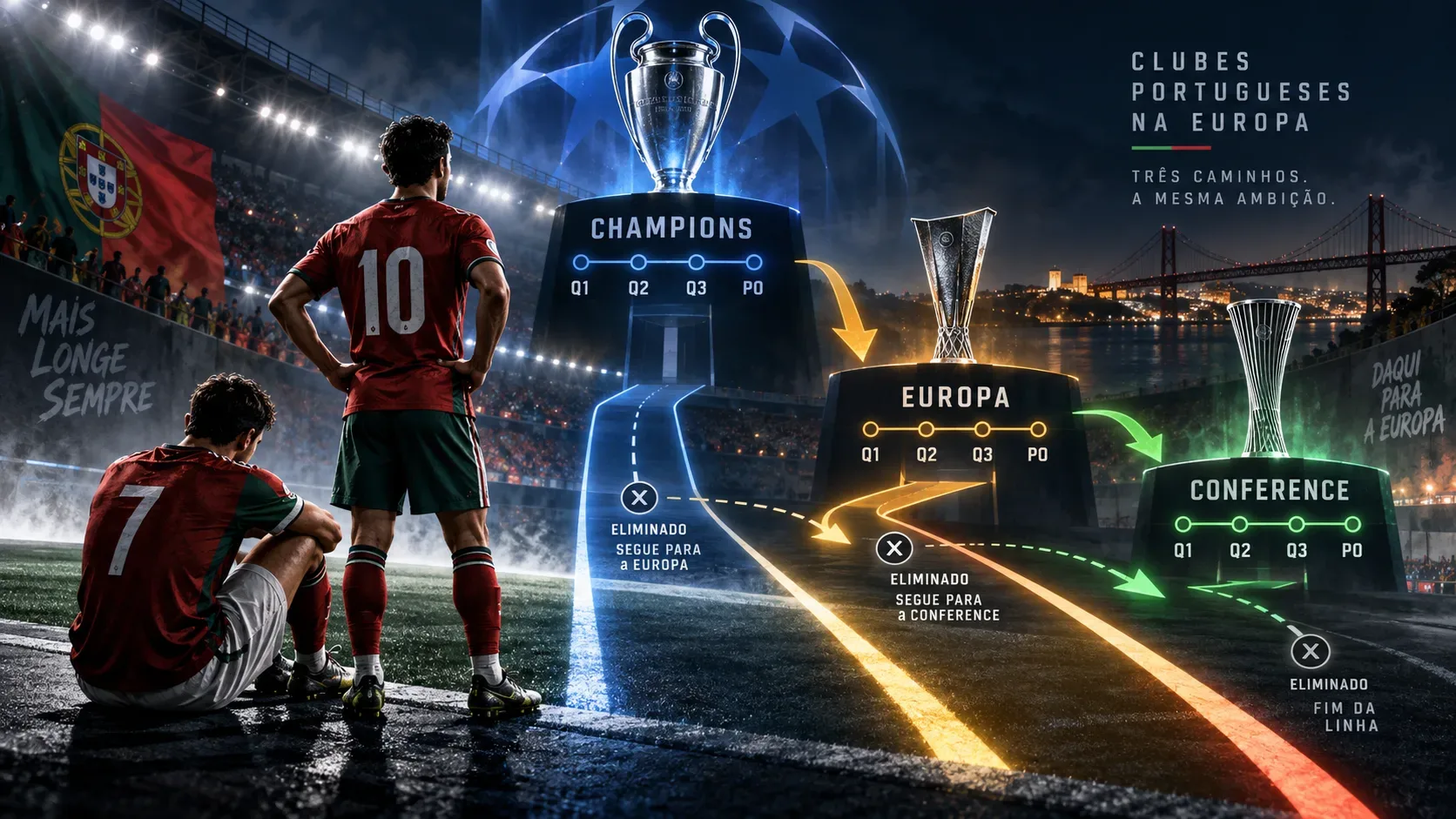 Dois jogadores em uniformes vermelhos e verdes observam rotas iluminadas entre troféus europeus, com bandeira portuguesa e setas ligando Champions, Europa e Conference.