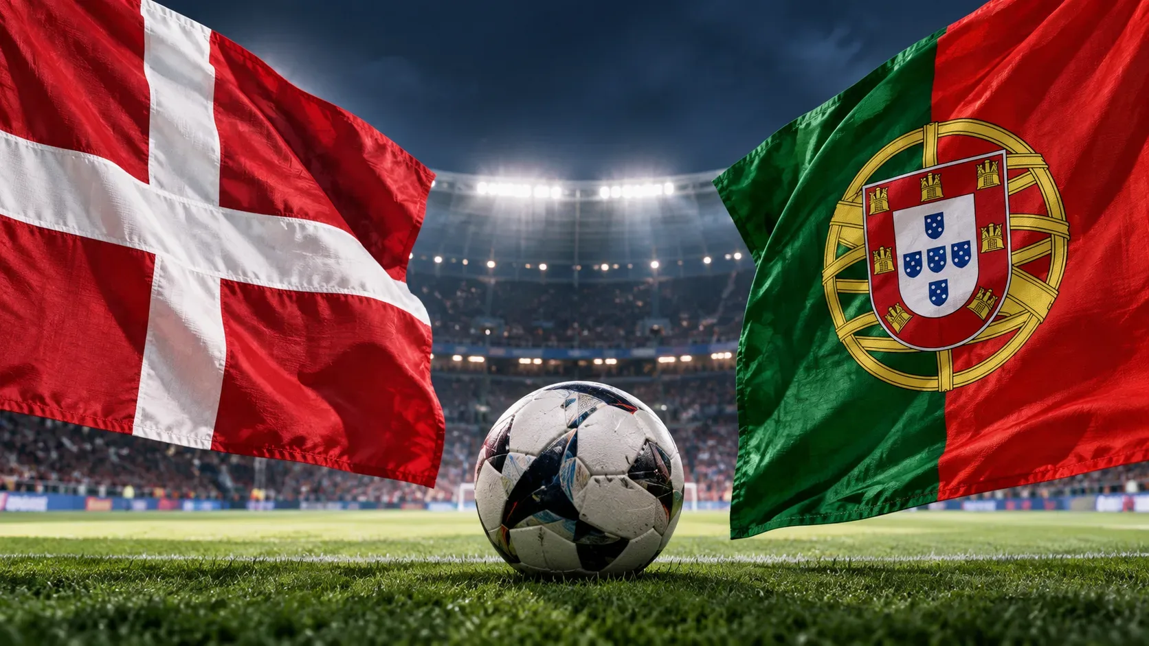 Bandeiras da Dinamarca e de Portugal em lados opostos de uma bola no gramado de um estádio iluminado.