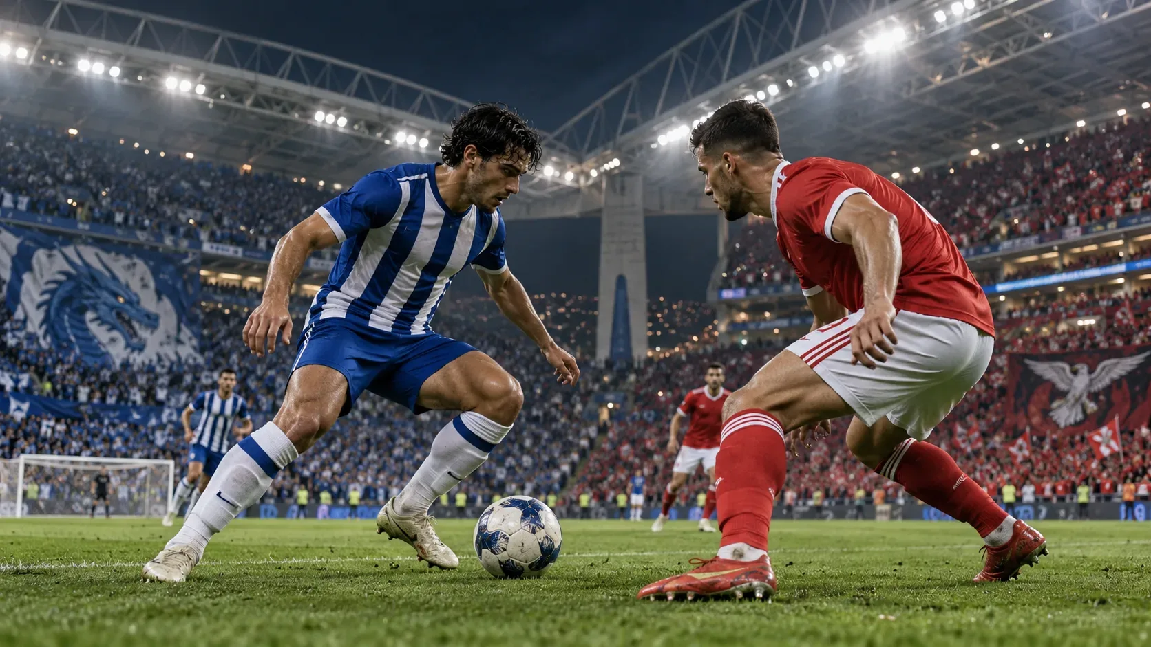 Dois jogadores genéricos, um de azul e branco e outro de vermelho e branco, disputam a bola em estádio lotado sob refletores.