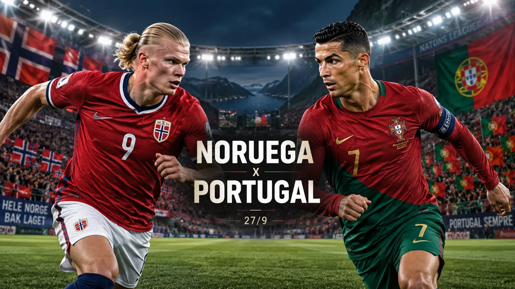 Jogadores de Noruega e Portugal frente a frente em estádio iluminado, com bandeiras dos dois países e a identificação Noruega x Portugal 27/9.