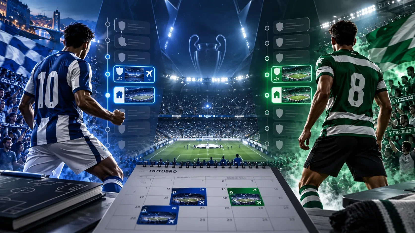 Dois jogadores genéricos vistos de costas, um em azul e branco e outro em verde e branco, diante de um estádio noturno com linhas de calendário e marcadores de jogos em outubro.