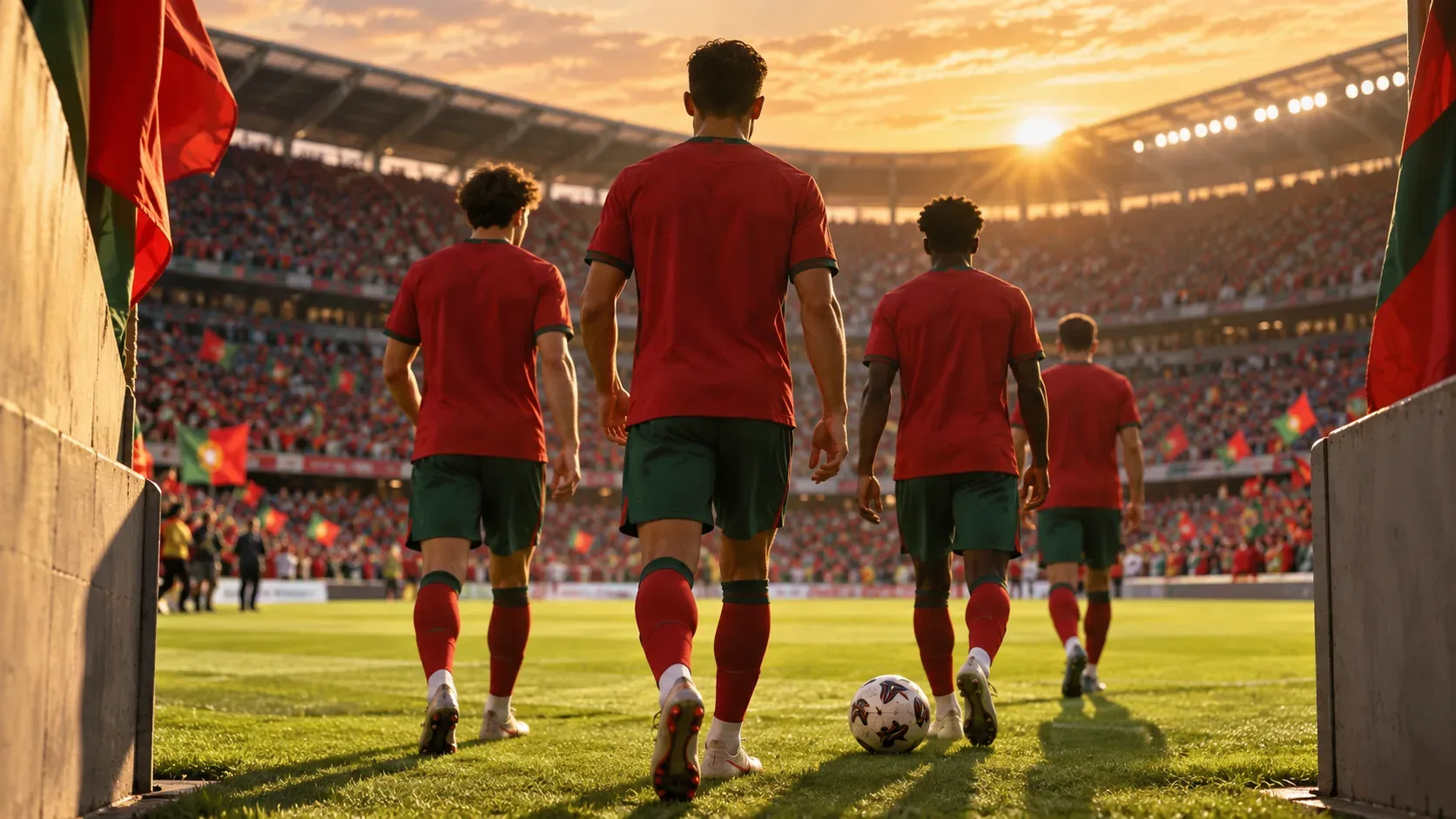 Quatro jogadores de futebol com camisas vermelhas e calções verdes entram em campo ao pôr do sol, com bola no gramado e arquibancadas ao fundo.