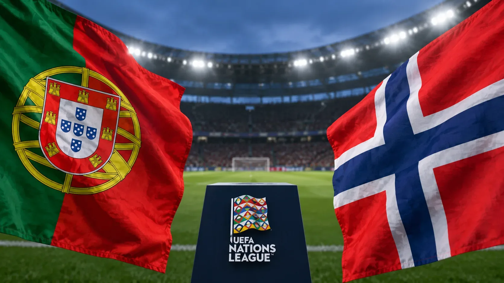 Bandeiras de Portugal e Noruega em primeiro plano dentro de um estádio de futebol iluminado, com o símbolo da UEFA Nations League ao centro.