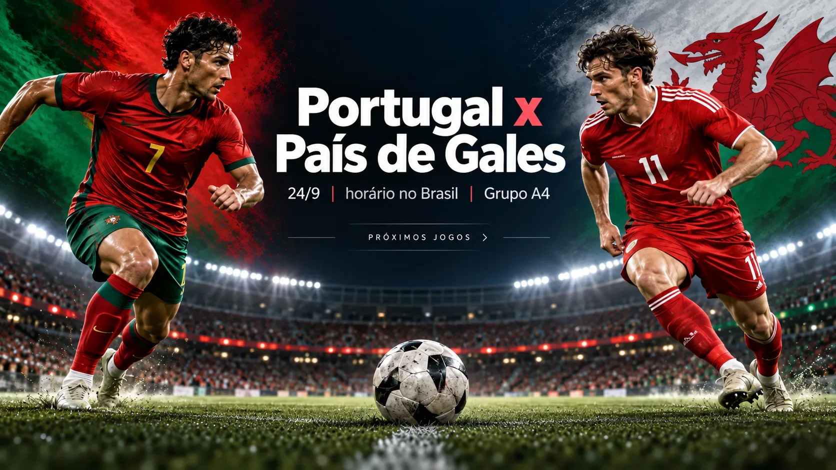 Dois jogadores estilizados com uniformes de Portugal e Gales se encaram em estádio iluminado, com bola ao centro e chamada do confronto.