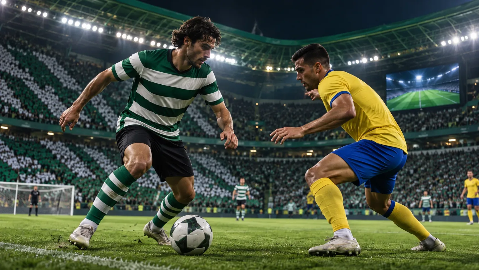 Dois jogadores genéricos disputam a bola em estádio lotado à noite, um com uniforme verde e branco e outro com amarelo e azul.