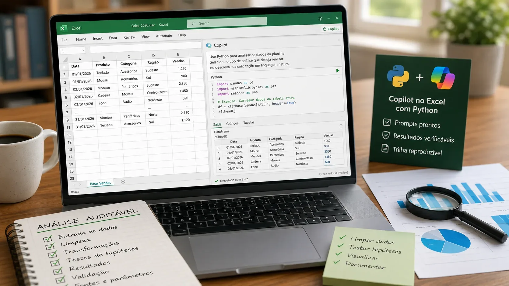 Notebook com planilha do Excel aberta, painel do Copilot usando Python e materiais de análise auditável sobre a mesa.
