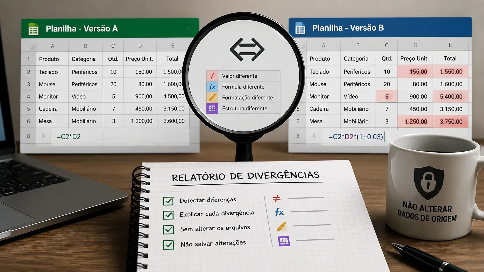 Duas versões de planilha lado a lado, ampliadas por uma lupa, com células divergentes destacadas e um caderno de relatório de divergências sobre a mesa.