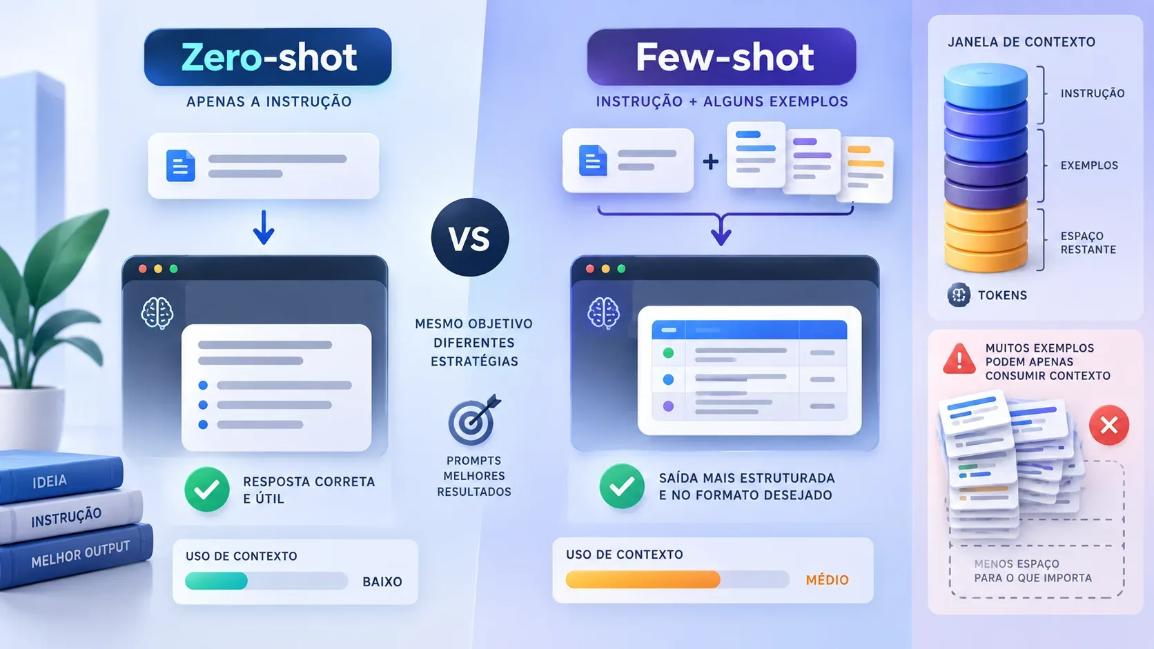 Ilustração dividida entre zero-shot e few-shot, com cartões de instruções e exemplos, respostas simuladas e medidores de uso da janela de contexto.