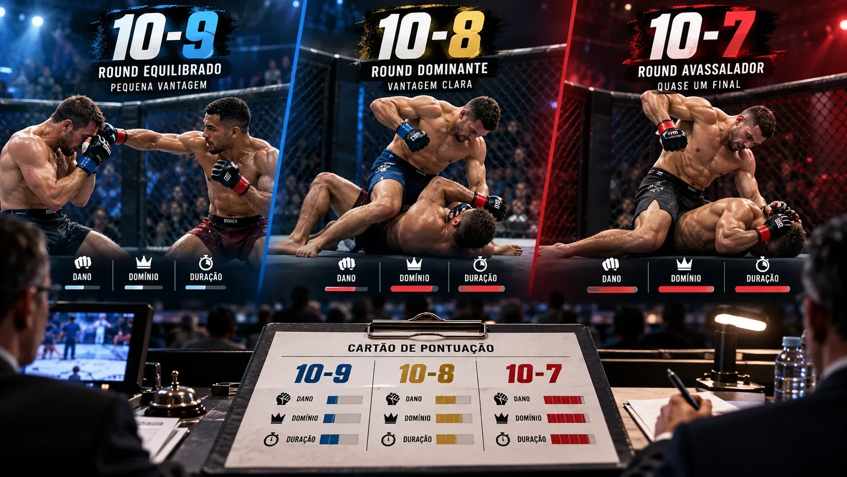 Composição em três quadros de luta de MMA mostrando situações 10-9, 10-8 e 10-7, com mesa de juízes e cartão de pontuação em primeiro plano.