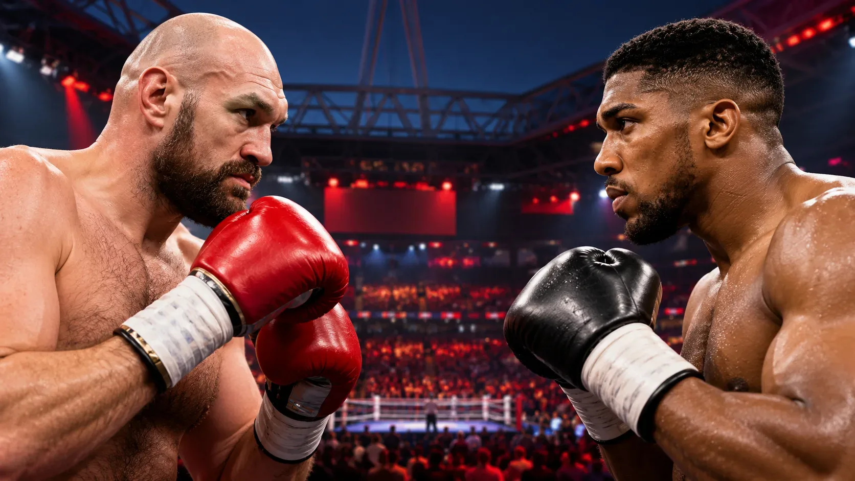 Tyson Fury e Anthony Joshua frente a frente com luvas de boxe em uma arena iluminada, com ringue e público ao fundo.