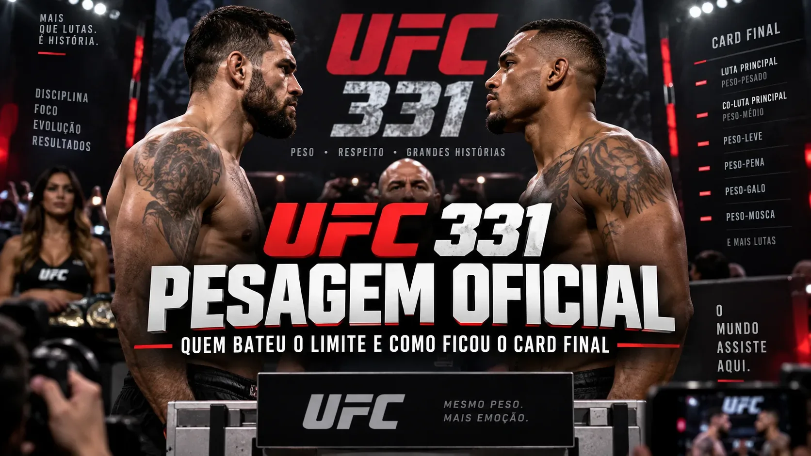 Dois lutadores genéricos se encaram em um palco de pesagem, com balança em primeiro plano, luzes de arena e elementos gráficos do UFC 331.