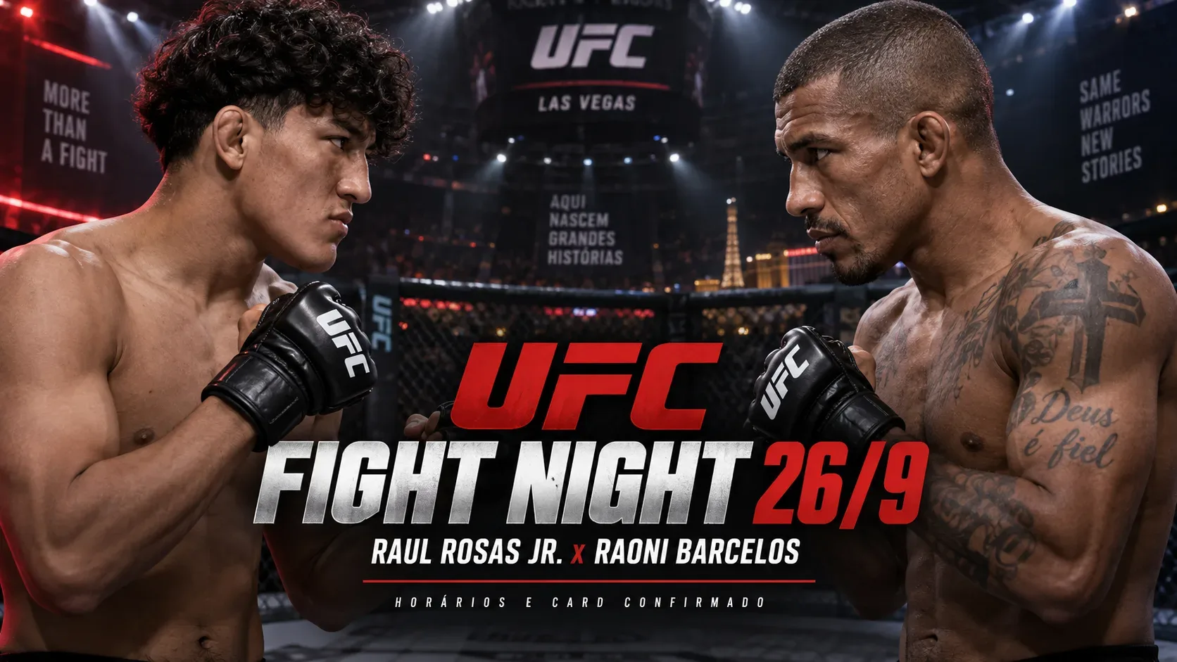 Dois lutadores de MMA se encaram em uma arena iluminada, com o octógono ao fundo e lettering central anunciando UFC Fight Night 26/9.