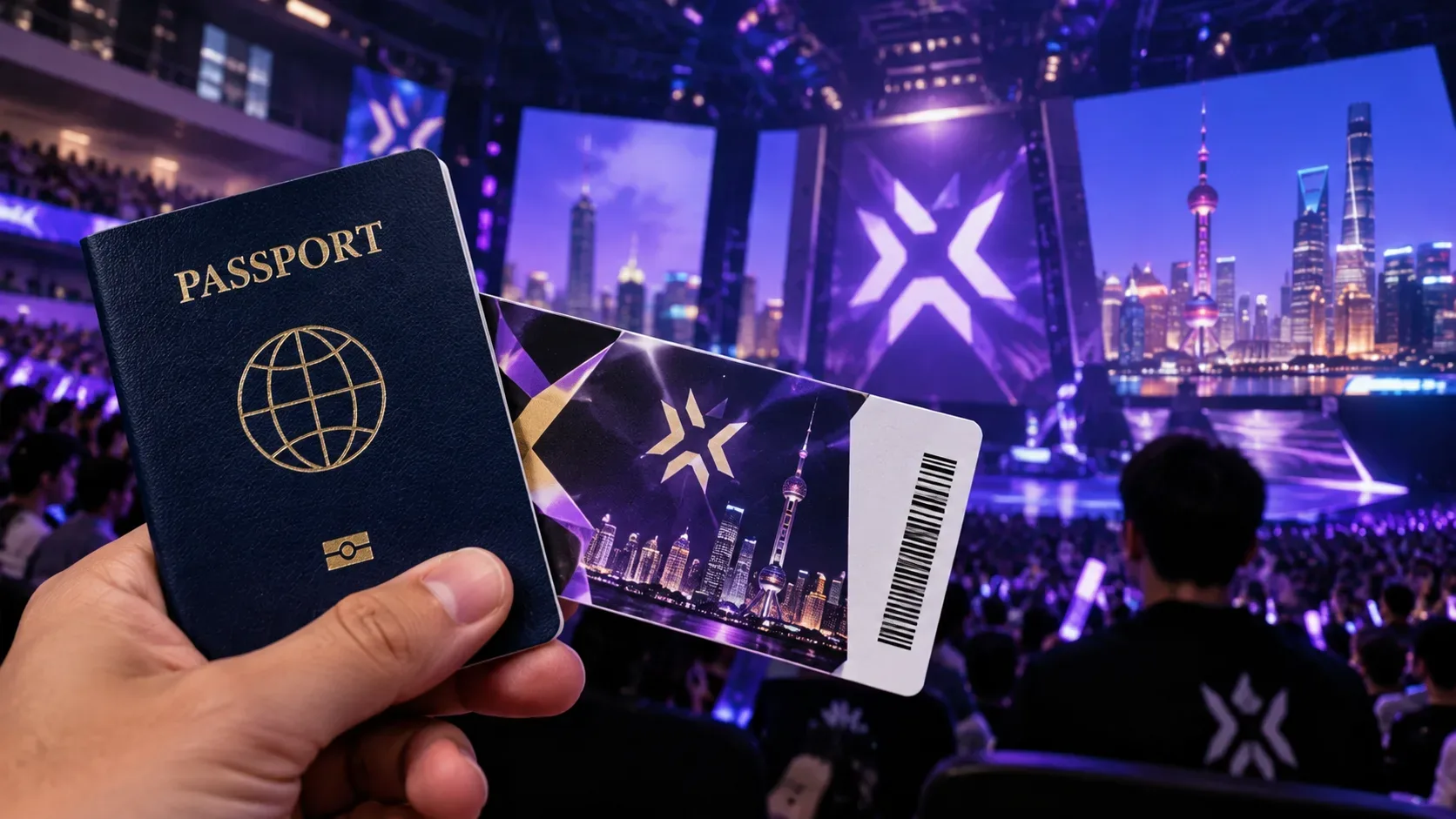 Mão segura um passaporte e um ingresso de esports diante de uma arena iluminada em tons roxos, com o skyline de Xangai ao fundo.