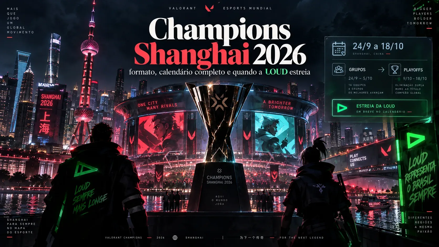 Cena noturna futurista de Xangai com arena de esports, troféu ao centro, silhuetas de competidores e painéis luminosos com referências ao calendário e à LOUD.