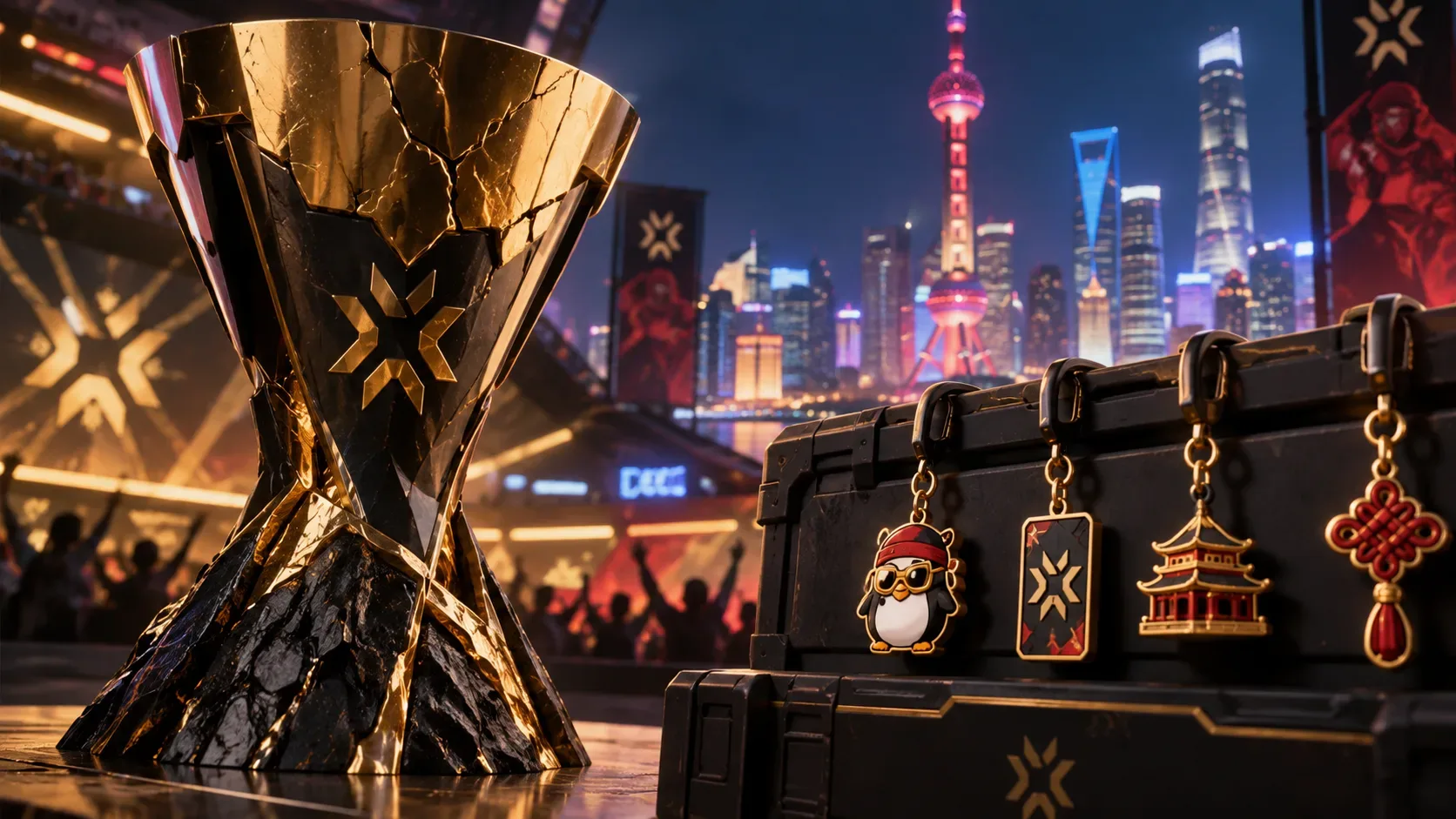 Troféu dourado de esports ao lado de quatro pingentes de jogo, com arena iluminada e o horizonte noturno de Xangai ao fundo.