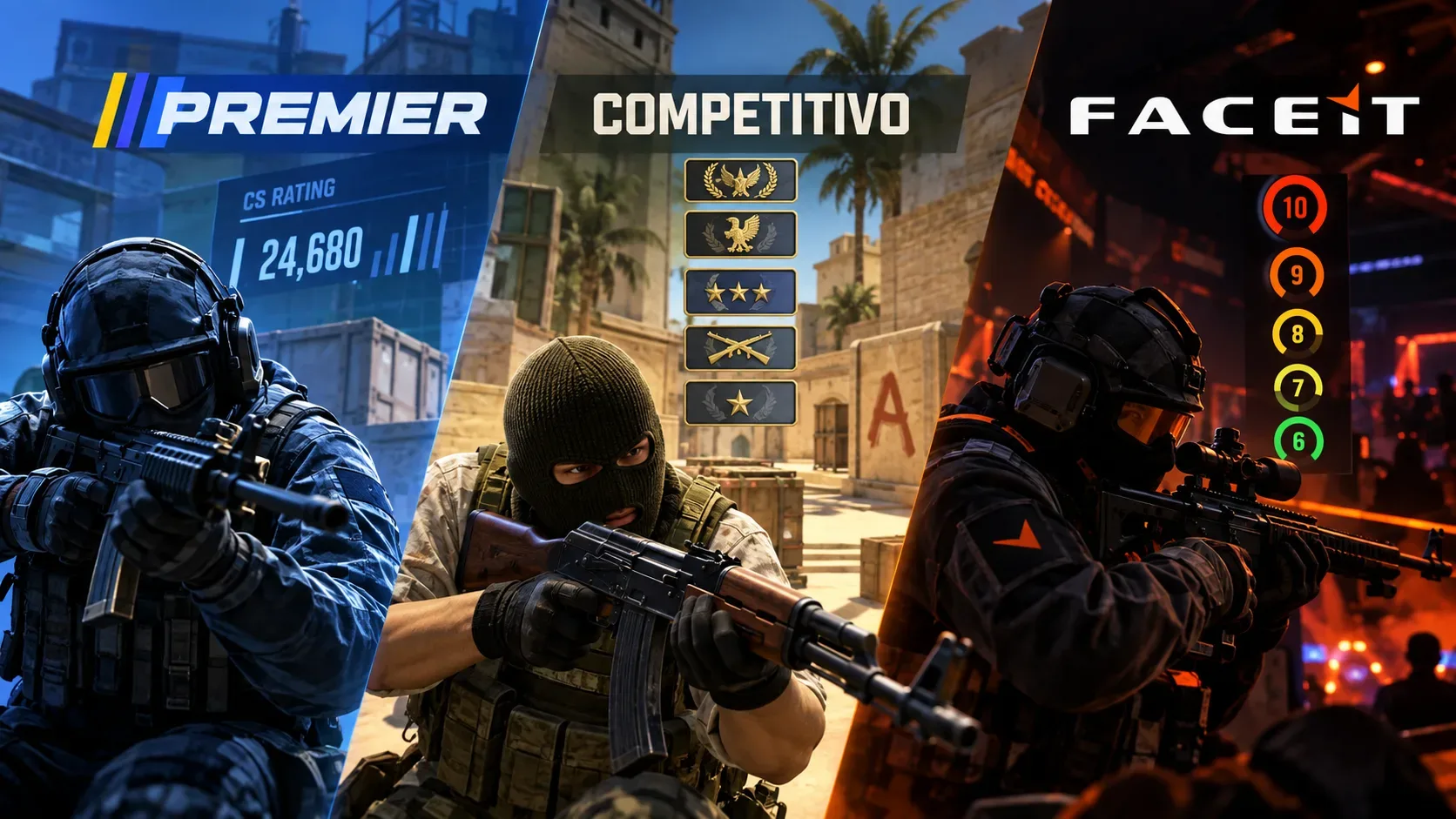 Composição em três faixas mostra jogadores táticos de CS2 em cenários azul, desértico e alaranjado, com painéis de ranking para Premier, Competitivo e FACEIT.