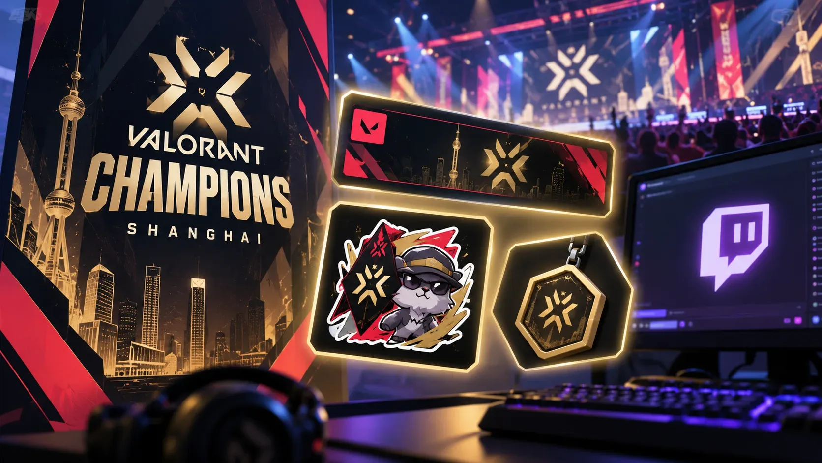 Composição de esports com arena iluminada, itens de recompensa do VALORANT e monitor exibindo a Twitch.