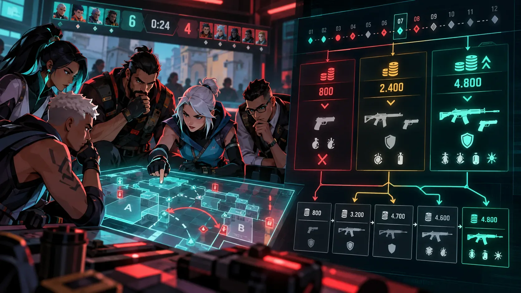 Equipe de cinco agentes estilizados reunida em uma mesa holográfica, com painel de créditos, armas e ramificações de compra em tons de vermelho e ciano.