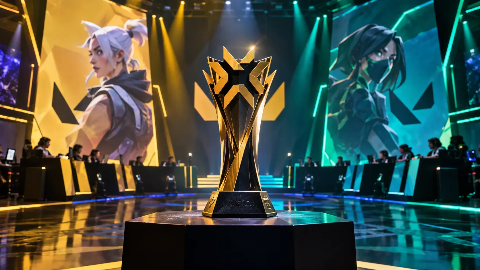 Troféu dourado de esports no centro de uma arena iluminada em amarelo e verde, com jogadoras em estações ao fundo.