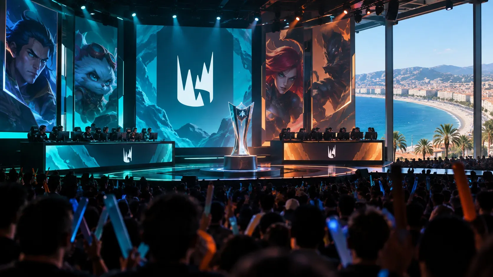Arena de esports lotada com duas equipes em computadores, troféu ao centro e vista costeira de Nice ao fundo.