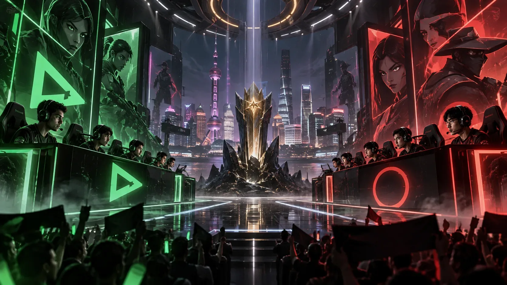 Arena futurista de esports dividida entre uma equipe em tons verdes e outra em tons vermelhos, com troféu central e skyline noturno de Xangai ao fundo.
