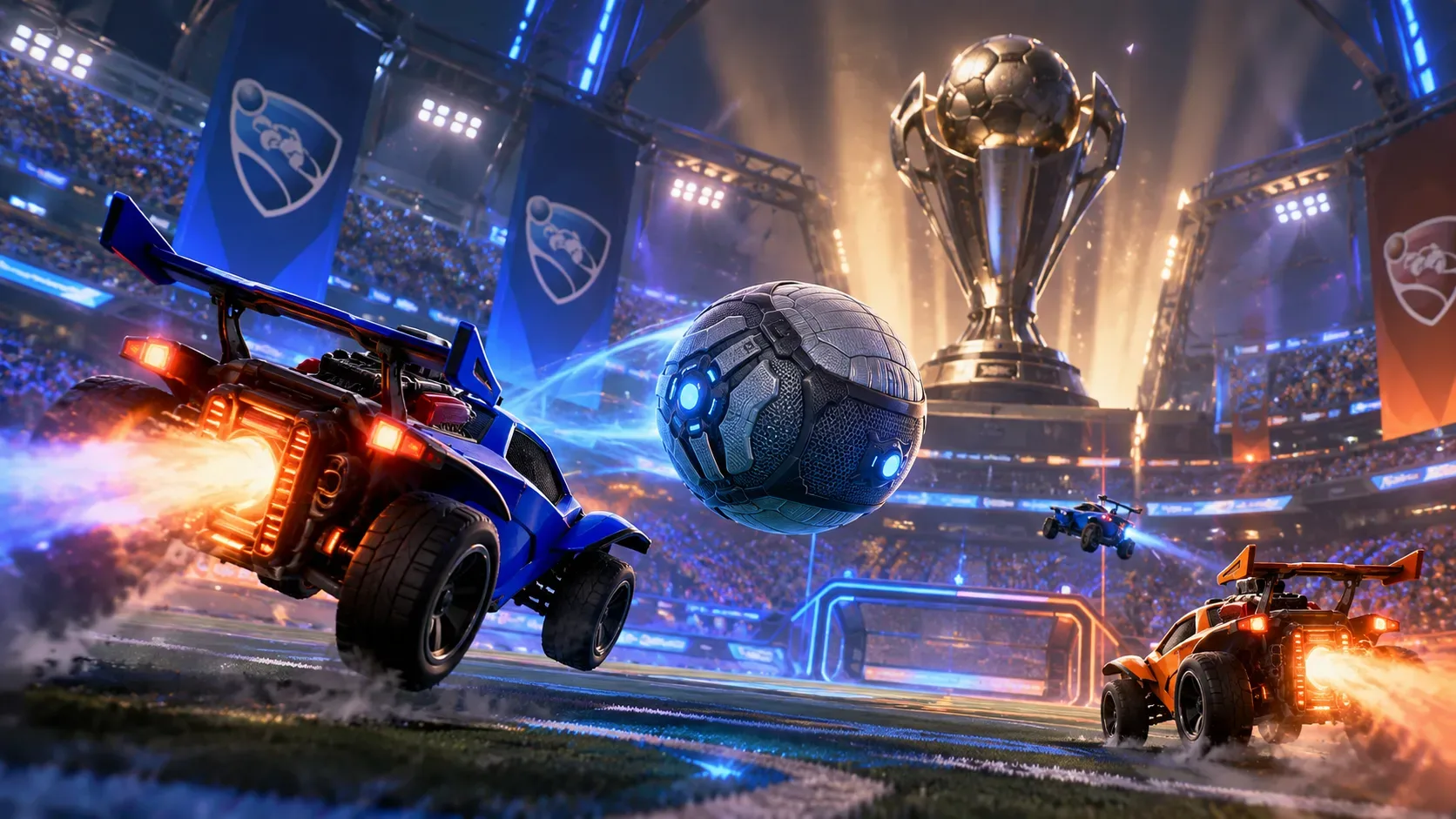 Arena de esports iluminada em azul e laranja, com carros disputando uma bola futurista diante de um grande troféu sob refletores.