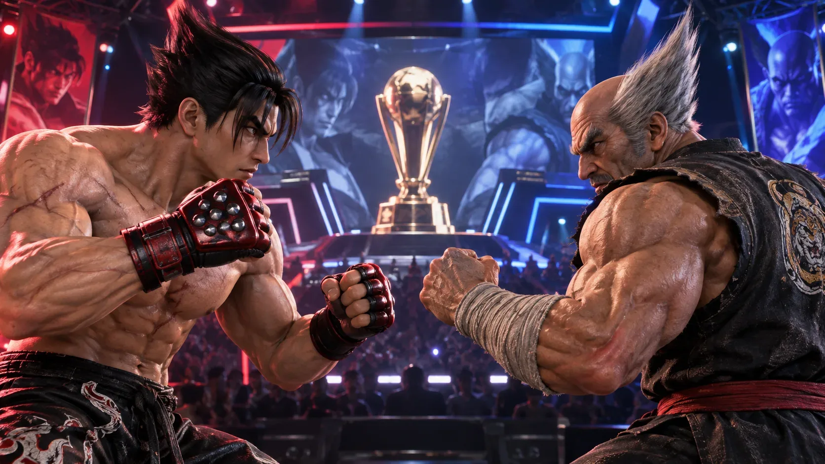 Dois lutadores frente a frente em arena de esports iluminada em vermelho e azul, com troféu ao centro e público ao fundo.