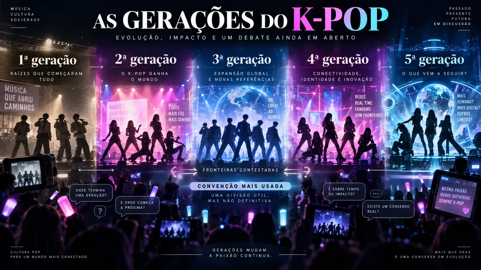 Capa editorial neon com cinco palcos em linha do tempo, silhuetas de grupos, público com light sticks e rótulos da 1ª à 5ª geração, destacando fronteiras contestadas.