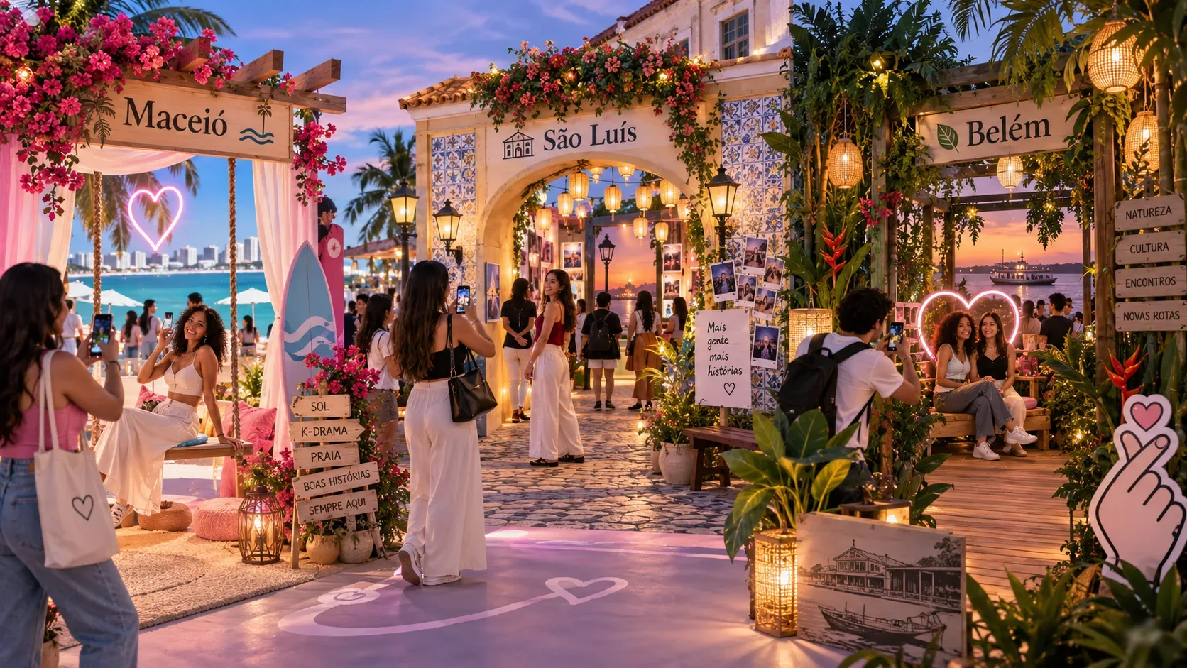 Ativação temática de K-drama ao entardecer com áreas identificadas para Maceió, São Luís e Belém, visitantes tirando fotos e cenários decorados com luzes e elementos tropicais.