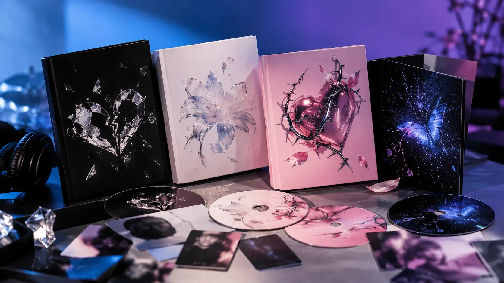 Coleção estilizada de caixas de álbum, discos e photocards em tons de azul, rosa e violeta sobre uma mesa iluminada.