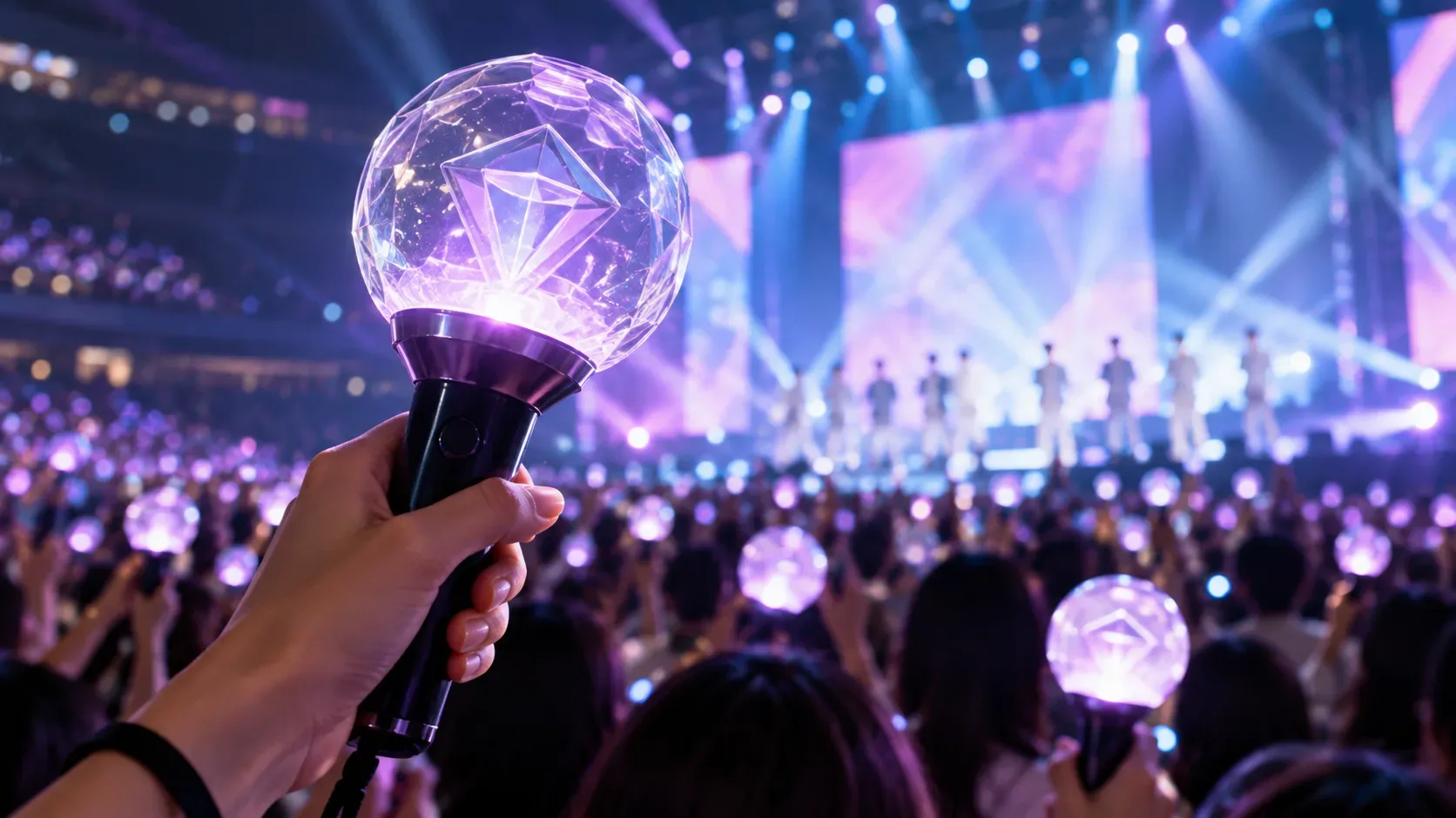 Mão segurando um light stick roxo iluminado diante de uma arena de K-pop com palco e público ao fundo.