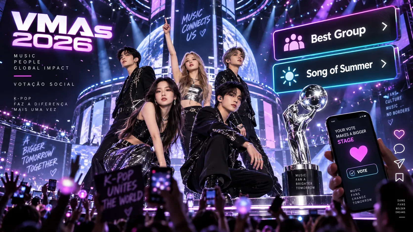 Palco neon de premiação com cinco artistas de K-pop, troféu prateado, celular de votação e painéis Best Group e Song of Summer.