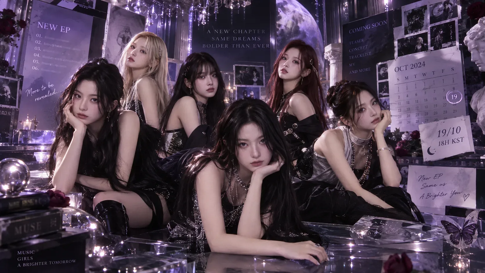 Seis integrantes de um girl group em cenário roxo e prateado com painel de calendário e elementos promocionais de comeback.