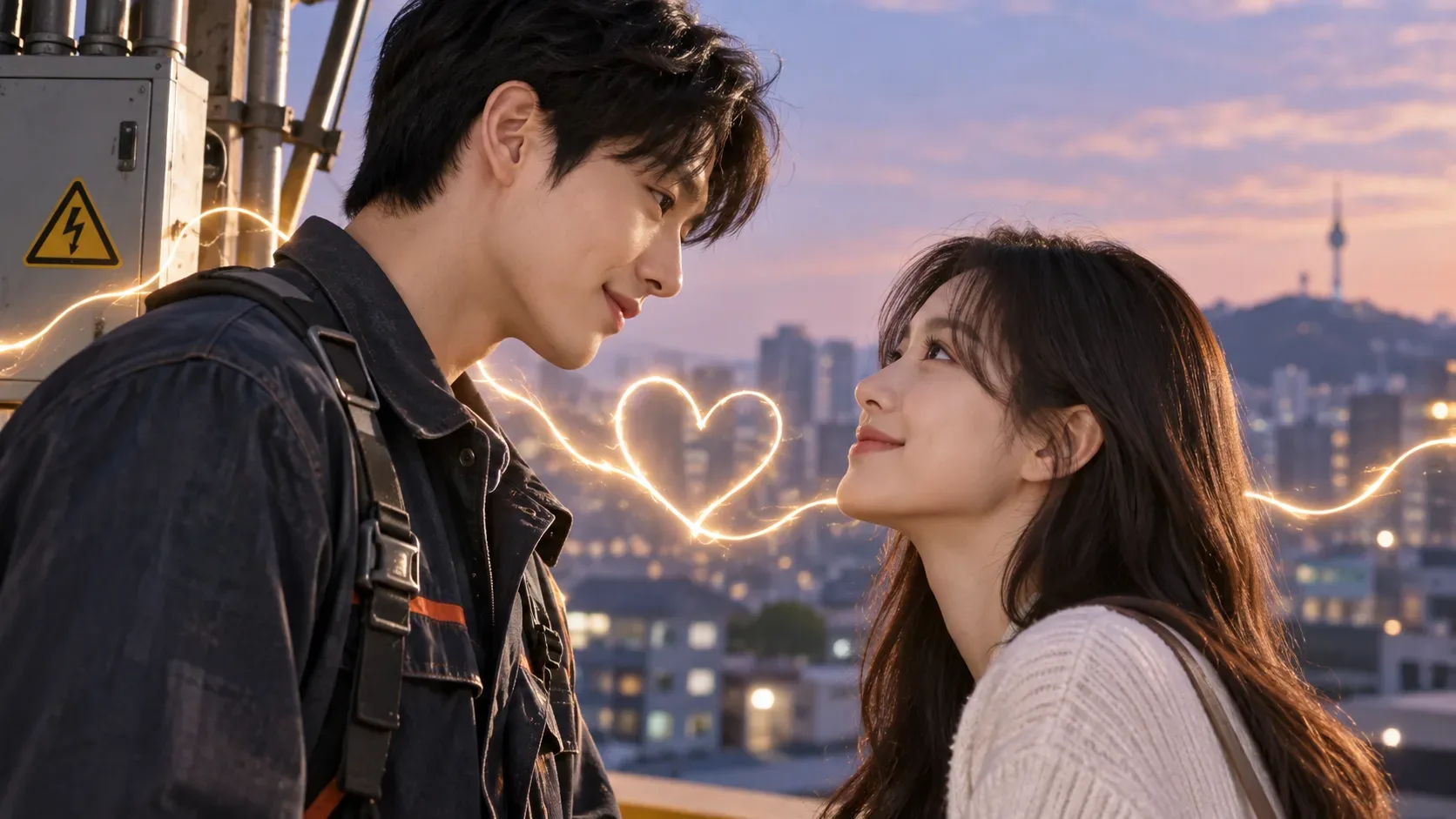 Casal coreano se olha em um terraço ao entardecer enquanto faíscas elétricas formam um coração entre eles, ao lado de um painel de alta tensão.