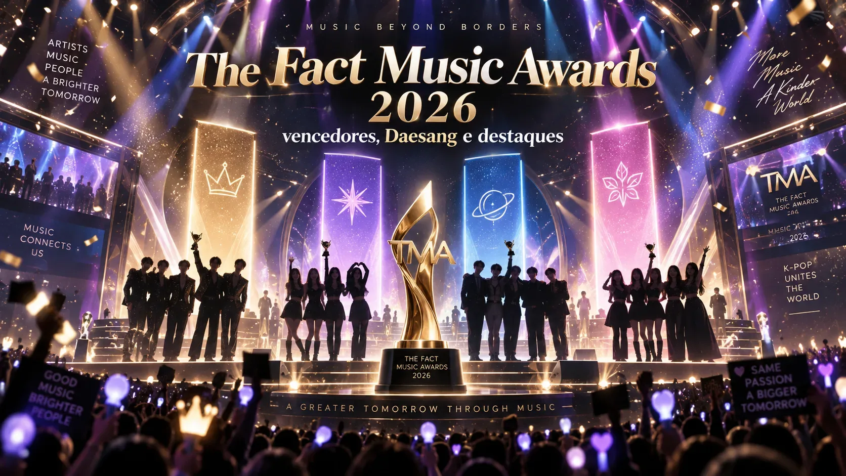 Palco de premiação de K-pop com troféu dourado central, quatro painéis luminosos e grupos de artistas sob luzes e confetes.
