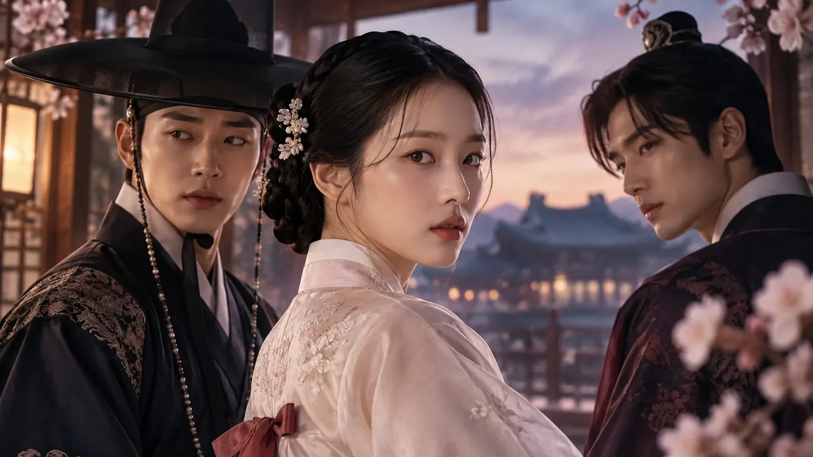 Três jovens em trajes da era Joseon em uma varanda ao entardecer, com uma mulher ao centro entre dois homens e flores rosadas ao redor.