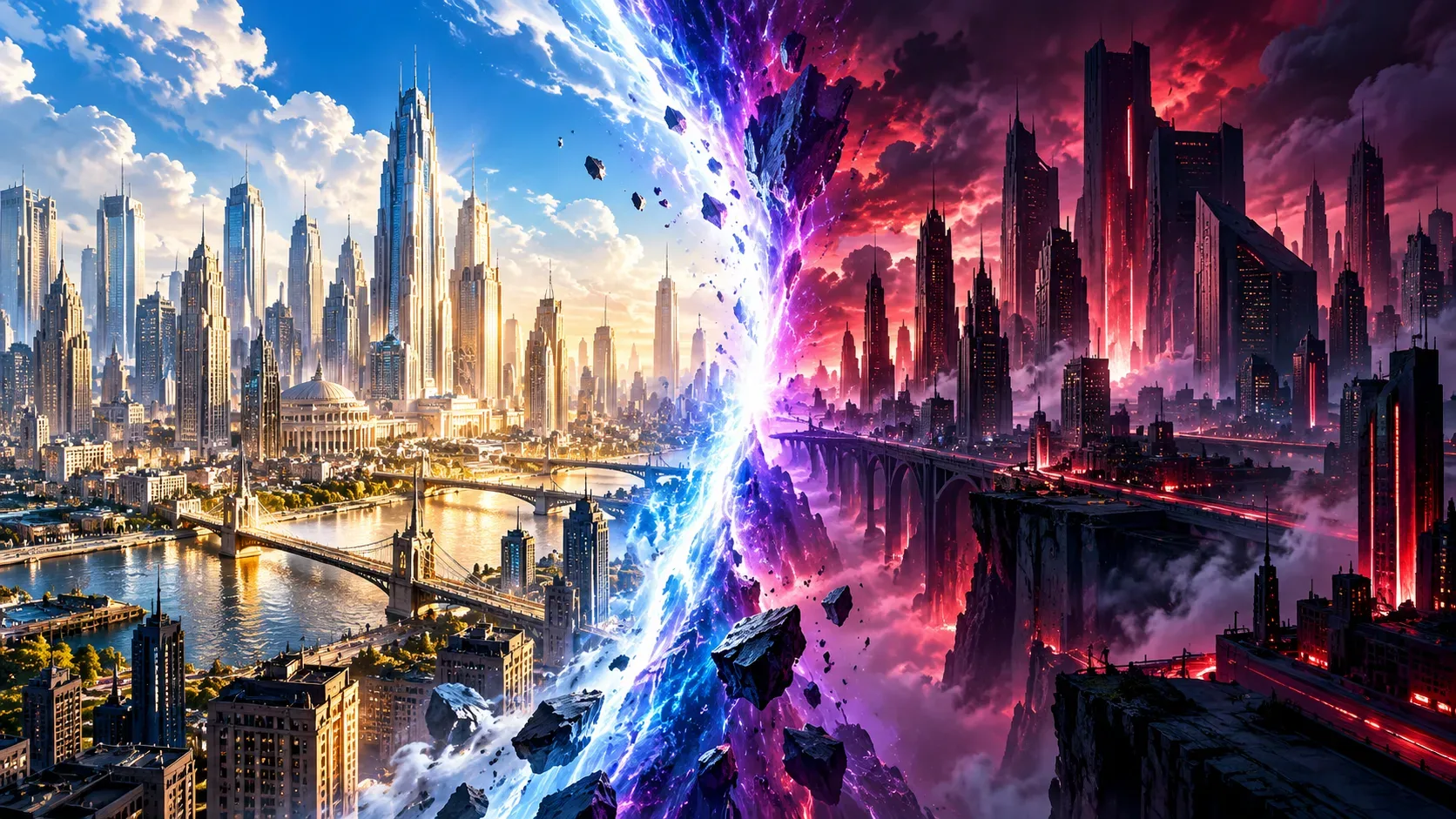 Metrópole luminosa e uma versão sombria da mesma cidade separadas por uma fenda dimensional azul e violeta, representando duas continuidades paralelas.