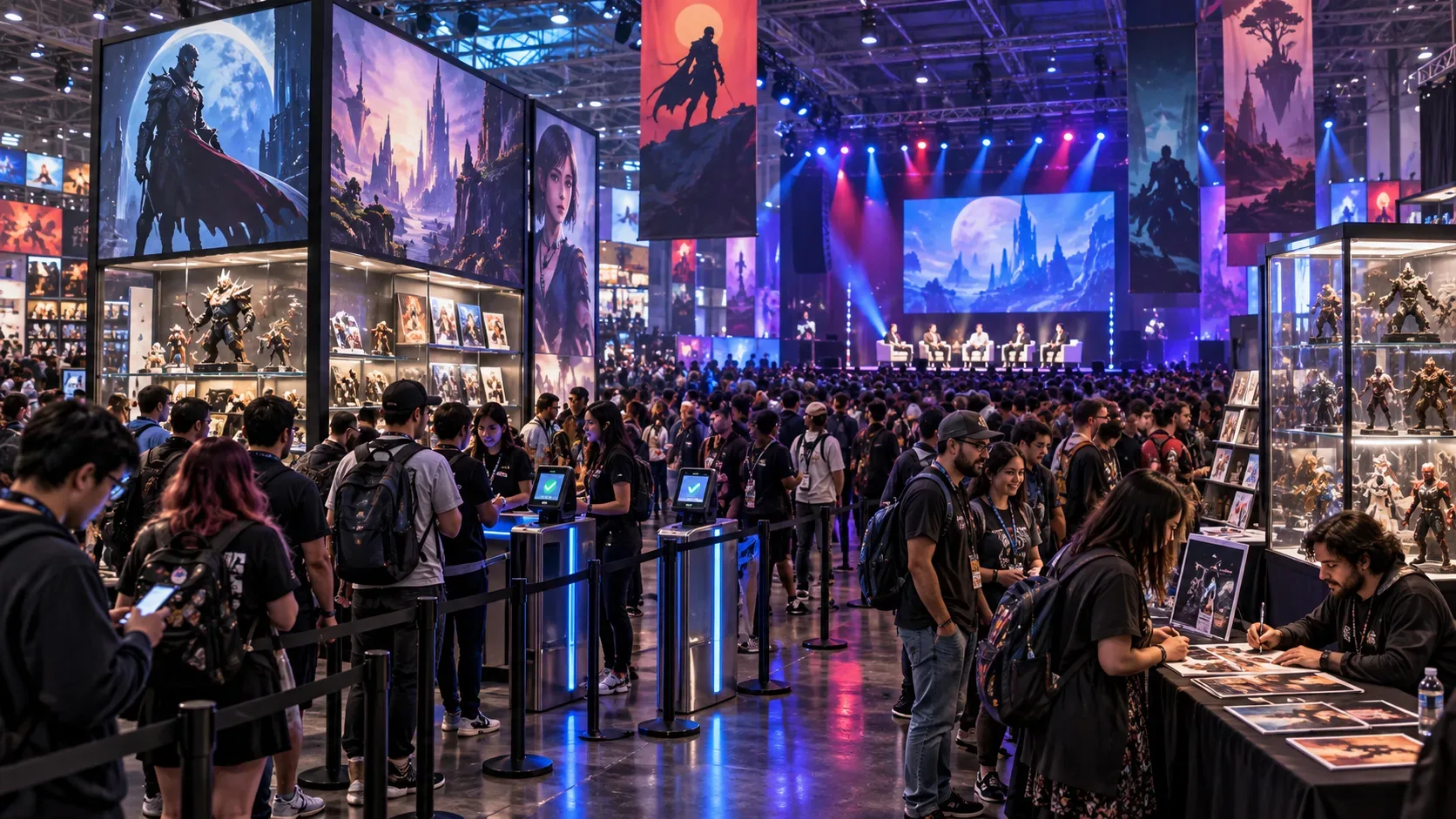 Público em centro de convenções com filas organizadas, totens digitais, palco de painéis, mesa de autógrafos e vitrines de colecionáveis sob luzes azuis e roxas.