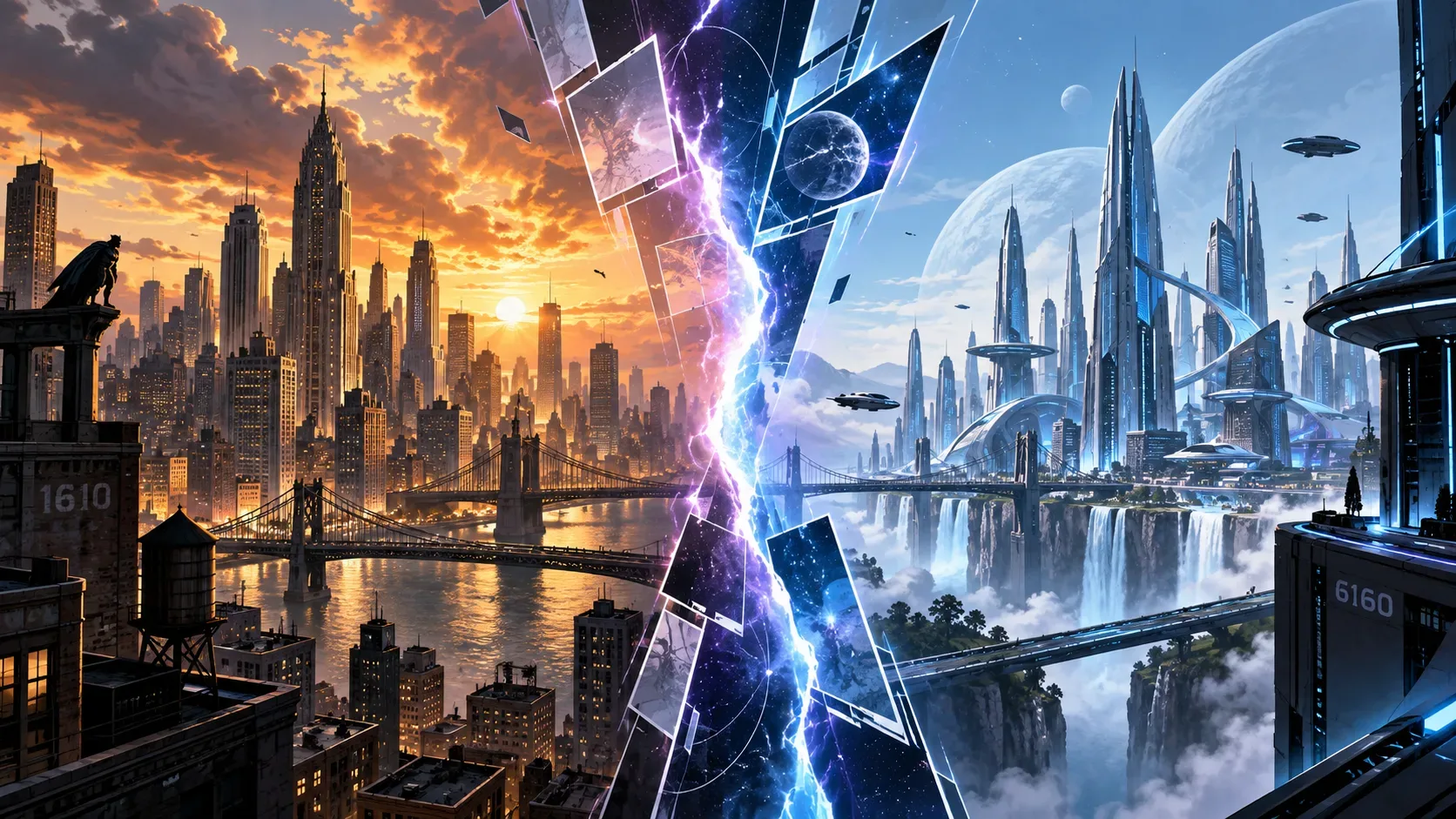 Duas cidades fictícias em realidades paralelas, uma clássica em tons quentes e outra futurista em tons frios, separadas por uma fenda dimensional luminosa com os números 1610 e 6160 discretos.