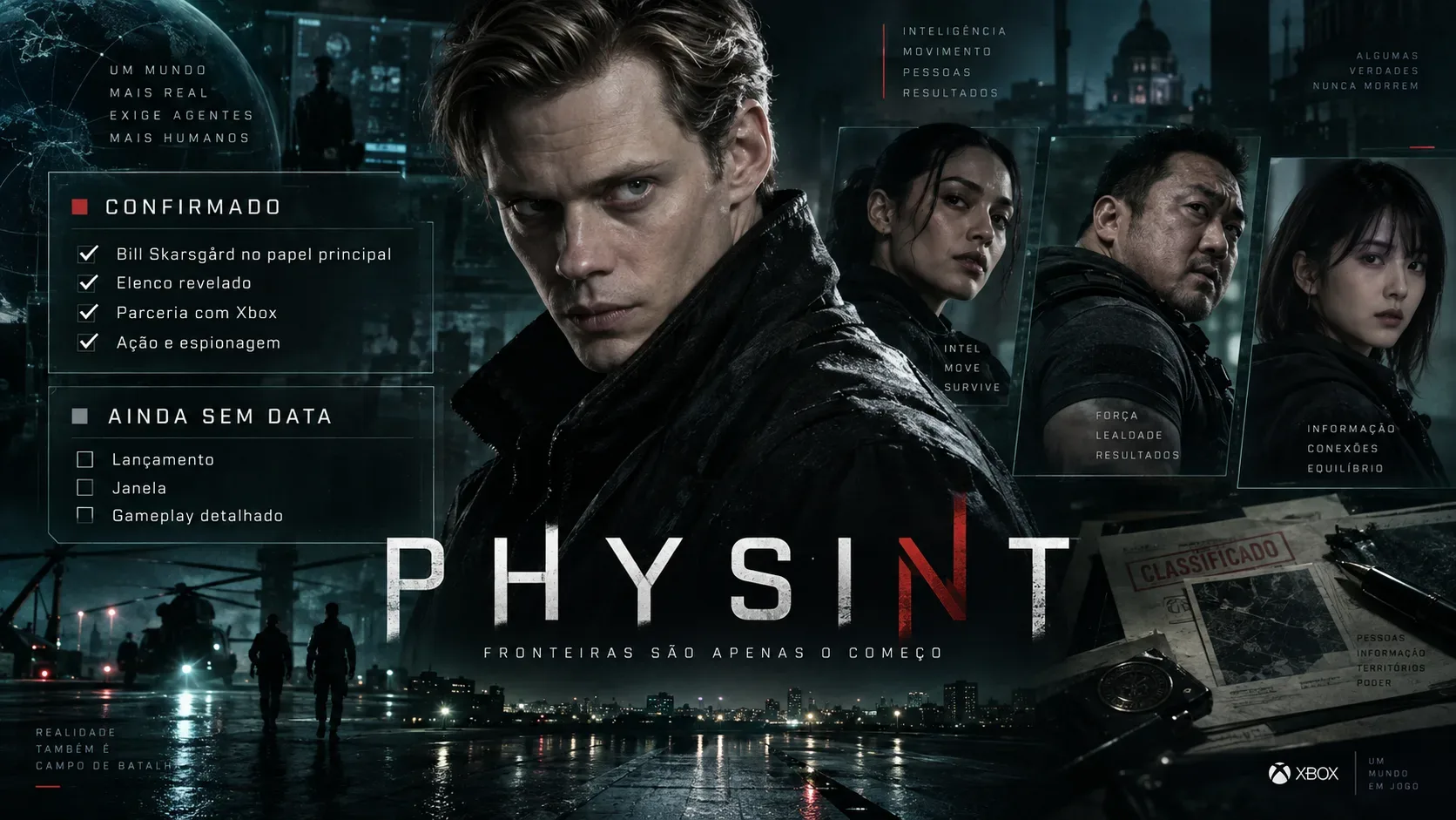 Composição cinematográfica de espionagem com protagonista inspirado em Bill Skarsgård em primeiro plano, três personagens ao fundo, painéis de dossiê e cidade noturna.