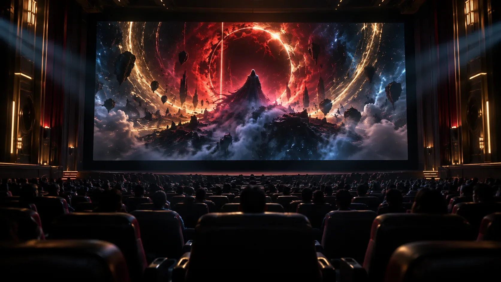 Sala de cinema premium escura vista de trás, com público diante de uma tela gigante exibindo energia cósmica vermelha, dourada e azul e uma figura encapuzada distante.